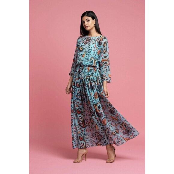 EVA by EVA FRANCO Sz 14 Blue Turquoise Paisley Maxi Boho Dress NWT - Picture 2 of 11